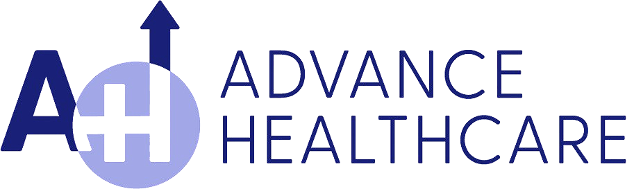 A black and blue logo for advan health